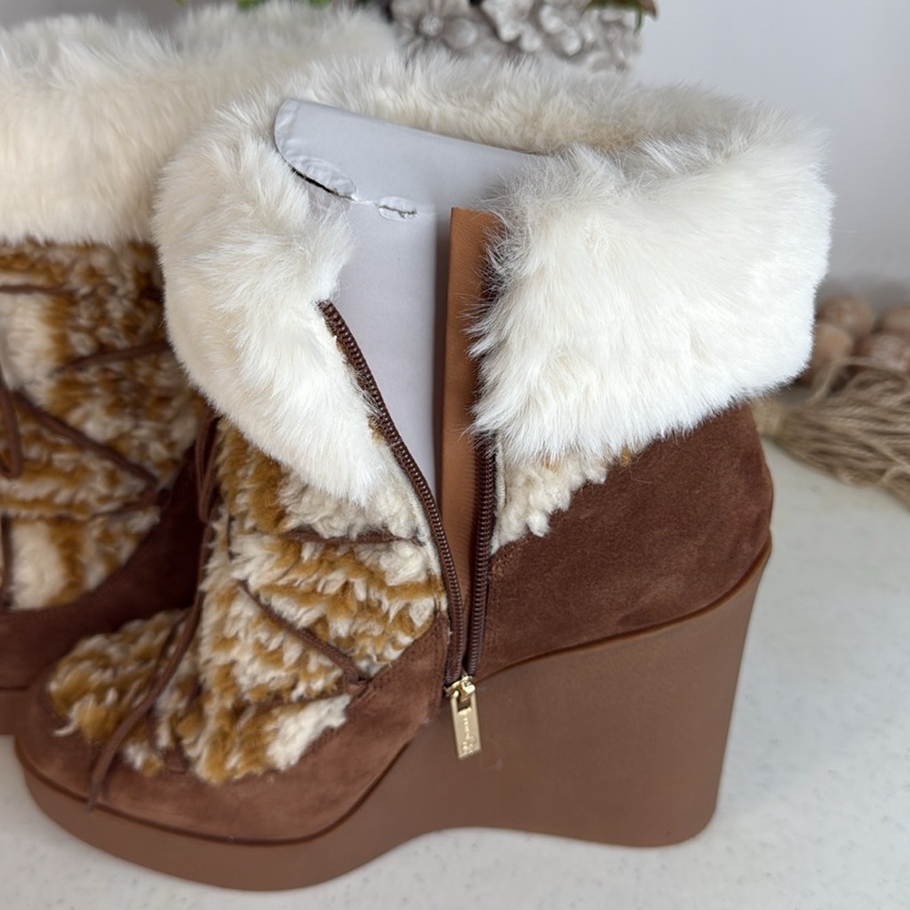 Brown and Cream Women's Wedge Boots - Picture 8 of 10
